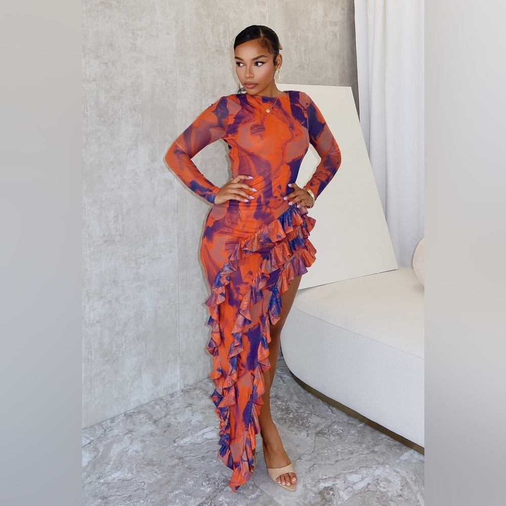 Fashion Nova Orange Purple Abstract Bodycon Ruffle High-Slit Midi Dress
